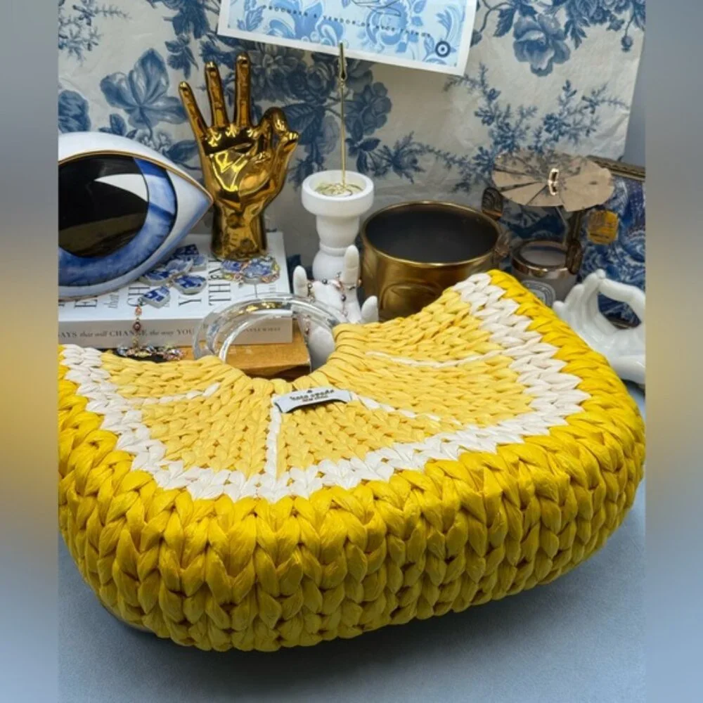 🆕 KATE SPADE NEW YORK 🧿 NWOT Picnic Perfect Lemon Woven Straw Tote Bag *FLAW*